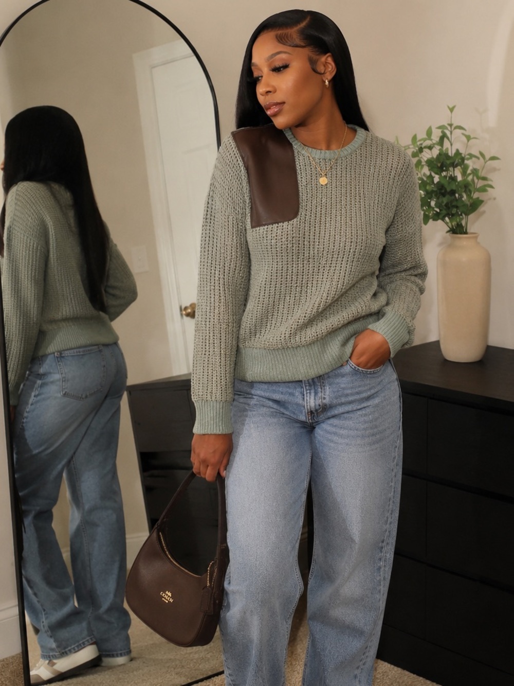 Lauren by Ralph Lauren Textured Knit Sweater in Green and Brown